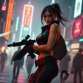 full body shot, armed beautiful woman walking with detailed eyes, dynamic pose, athletic , Cybernatic and Sci-Fi, Cyberpunk, Cityscape, Blade Runner 2049, Neon light effect, Neon, Futurism, Threatening by Stefan Kostic