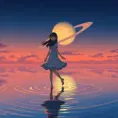 Anime girl walking on water, ripples, backdrop of dawn, saturn in the background, Highly Detailed, Beautiful, Digital Painting, Anime, Fantasy by Studio Ghibli