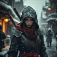Mysterious beautiful white kunoichi ninja wearing black, red and gold in the streets of a dark snowy town in russia, Intricate Details, Photo Realistic by Greg Rutkowski