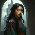 Matte portrait of Mulan inside a castle, Ultra Detailed, Half Body, Beautiful, Matte Painting, Sharp Focus, Portrait, Fantasy by Stefan Kostic
