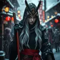 Mysterious beautiful white kunoichi ninja wearing black, red and gold in the streets of a dark snowy town in russia, Intricate Details, Photo Realistic