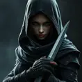 Full body portrait of a Veiled female Assassin with daggers, Highly Detailed, Dark Souls, Volumetric Lighting, Fantasy, Threatening