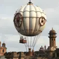 White steampunk hot air balloon with gears, Victorian style Ancient buildings, archeological ruins of lost civilizations and technology, Steampunk, Iridescence