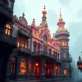 art nuveau exterior fantasy colorful building office space futuristic rococco baroques victorian, Highly Detailed, Masterpiece, Vintage Illustration, Cinematic Lighting, Photo Realistic, Sharp Focus, Smooth, Digital Art, Vector Art, Soft by Stanley Artgerm Lau