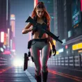full body shot, armed beautiful woman walking with detailed eyes, dynamic pose, athletic , Cybernatic and Sci-Fi, Cyberpunk, Cityscape, Blade Runner 2049, Neon light effect, Neon, Futurism, Threatening