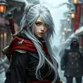 Mysterious beautiful white kunoichi ninja wearing black, red and gold in the streets of a dark snowy town in russia, 8k, Intricate Details, Trending on Artstation, White Hair by Stanley Artgerm Lau