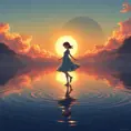 Anime girl walking on water, ripples, backdrop of dawn, saturn in the background, Highly Detailed, Beautiful, Digital Painting, Anime, Fantasy by Studio Ghibli