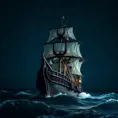 Close up of a Pirate Ship in rough seas on a dark starry night, Intricate, Ultra Detailed, Symmetry, Beautiful, Sharp Focus, Astrophotography, Centered, Volumetric Lighting