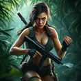 Full body portrait of a beautiful armed Lara Croft emerging from the jungle, Highly Detailed, Intricate, Sharp Focus, Volumetric Lighting, Fantasy, Elegant, Threatening by Stanley Artgerm Lau