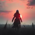 Female assassin creed emerging from a batte field. Sky is colored by a red sun set., Dystopian, Trending on Artstation, Volumetric Lighting