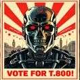 terminator for president, intricate soviet propaganda poster, Cyrillic text, Boris kriukov, vote for T800, sharp focus, text at bottom, Cyrillic, no blur, terminator t800, Dystopian, Highly Detailed, Intricate Details, Post-Apocalyptic, Psychedelic, Retro-Futurism, Soviet Poster, Digital Painting, Poster, Propaganda Poster, Artgerm by Beeple, Alex Grey, Alphonse Mucha
