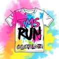 poster graphic for a color run event. On a white t-shirt, with black, pink, blue, orange and purple colors. Text on the shirt should say TMS on top and COLORPALOOZA underneath it. Graffiti feel in a vector style, Poster