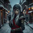 Mysterious beautiful white kunoichi ninja wearing black, red and gold in the streets of a dark snowy town in russia, Intricate Details, White Hair, Photo Realistic