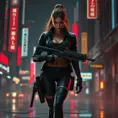 full body shot, armed beautiful woman walking with detailed eyes, dynamic pose, athletic , Cybernatic and Sci-Fi, Cyberpunk, Cityscape, Blade Runner 2049, Neon light effect, Neon, Futurism, Threatening by Stefan Kostic