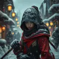 Mysterious beautiful white kunoichi ninja wearing black, red and gold in the streets of a dark snowy town in russia, Intricate Details, Photo Realistic by Greg Rutkowski