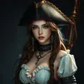 A beautiful female Pirate, Intricate, Half Body, Realistic, Volumetric Lighting, Fantasy, Elegant