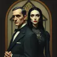 American Gothic with Gomez and Morticia Addams, Intricate Artwork, Intricate Details, Half Body, Beautiful, Matte Painting, Sharp Focus, Portrait, Fantasy, Threatening by Stefan Kostic