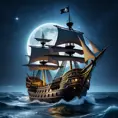 Close up of a Pirate Ship in rough seas on a dark starry night, Intricate, Ultra Detailed, Symmetry, Beautiful, Sharp Focus, Astrophotography, Centered, Volumetric Lighting by Stanley Artgerm Lau