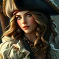Portrait of a beautiful female Pirate, Highly Detailed, Intricate, Half Body, Realistic, Sharp Focus, Volumetric Lighting, Fantasy, Elegant by Alphonse Mucha