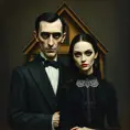 American Gothic with Gomez and Morticia Addams, Intricate Artwork, Intricate Details, Half Body, Beautiful, Matte Painting, Sharp Focus, Portrait, Fantasy, Threatening by Stefan Kostic