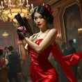 A dangerously armed asian feme fatale in silk red dress at a masquerade ball, Cybernatic and Sci-Fi, Cyberpunk, Sci-Fi by Stanley Artgerm Lau