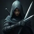 Full body portrait of a Veiled female Assassin with daggers, Highly Detailed, Dark Souls, Volumetric Lighting, Fantasy, Threatening