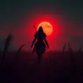 Female assassin creed emerging from a batte field. Sky is colored by a red sun set., Dystopian, Trending on Artstation, Volumetric Lighting