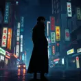 Silhouette of a long trenchcoat in a japanese cyberpunk city at night, 8k, Hyper Detailed, Intricate Details, Trending on Artstation, Epic, Comic, Sharp Focus, Deviantart, Beautifully Lit by Alena Aenami, Studio Ghibli
