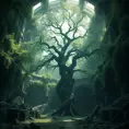 A Tree Of Life growing in the middle of overgrown ancient ruins indoors., 4k resolution, Hyper Detailed, Trending on Artstation, Volumetric Lighting, Concept Art, Digital Art, Fantasy, Dark by Greg Rutkowski