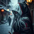 Mysterious beautiful white kunoichi ninja wearing black, red and gold in the streets of a dark snowy town in russia, Intricate Details, Bokeh effect, Photo Realistic, Volumetric Lighting by Stefan Kostic