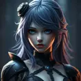 Matte portrait of the beautiful 2B from Nier Automata in dark blue, Highly Detailed, Intricate, Realistic, Sharp Focus, Volumetric Lighting, Fantasy, Elegant