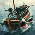 Six robots on a boat with harpoons, battling sharks with lasers strapped to their heads, Highly Detailed, Steampunk by Stanley Artgerm Lau