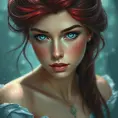 Ariel the mermaid with blue eyes, Intricate Details, Half Body, Beautiful, Matte Painting, Sharp Focus, Portrait, Fantasy by Stefan Kostic