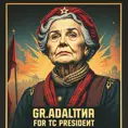 grandmother for president, intricate soviet propaganda poster, Cyrillic text, Boris kriukov, vote for grandmother, sharp focus, text at bottom, Cyrillic, no blur, old woman, Dystopian, Highly Detailed, Intricate Details, Post-Apocalyptic, Psychedelic, Retro-Futurism, Soviet Poster, Digital Painting, Poster, Propaganda Poster, Artgerm by Beeple, Alex Grey, Alphonse Mucha