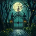 A beautiful digital illustration painting of a detailed gothic fantasy fireflies forest trees and iron gate cobblestone pathway vines full moon, Artstation, Digital Illustration, Concept Art