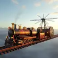 A futuristic hybrid of a steam engine train and a DaVinci flying machine, Steampunk