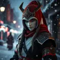 Mysterious beautiful white kunoichi ninja wearing black, red and gold in the streets of a dark snowy town in russia, Intricate Details, Bokeh effect, Photo Realistic, Volumetric Lighting
