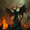 The devil in an Elden ring hellscape, Eldritch, Fantasy, Apocalyptic, Doom, Dreadful, Forbidding, Frightful, Harrowing, Ominous, Shocking, Terrifying, Threatening, Unnerving