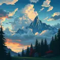 painting of evening sky, low thunder clouds foothpath with trees at indian summer with zugspitze fitz roy in background, colours green, red, blue black and white, acuarela, Highly Detailed, Beautiful, Digital Painting, Anime, Fantasy by Studio Ghibli