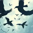 An illustration of a print of a Edgar Allan Poe, flying ravens, vintage t-shirt design, light white and dark blue pastel tetradic colors, Highly Detailed, Beautiful, Digital Painting, Anime, Fantasy by Studio Ghibli