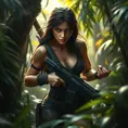 Full body portrait of a beautiful armed Lara Croft emerging from the jungle, Highly Detailed, Intricate, Sharp Focus, Volumetric Lighting, Fantasy, Elegant, Threatening by Stefan Kostic