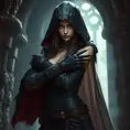 Full body matte portrait of a beautiful veiled armed female Assassin in a dungeon, Gothic and Fantasy, Volumetric Lighting, Fantasy, Threatening by Stanley Artgerm Lau