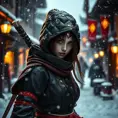 Mysterious beautiful white kunoichi ninja wearing black, red and gold in the streets of a dark snowy town in russia, Intricate Details, Bokeh effect, Photo Realistic, Volumetric Lighting by Greg Rutkowski