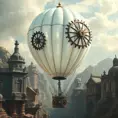 White steampunk hot air balloon with gears, Victorian style Ancient buildings, archeological ruins of lost civilizations and technology, Steampunk, Iridescence by Stanley Artgerm Lau