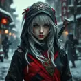 Mysterious beautiful white kunoichi ninja wearing black, red and gold in the streets of a dark snowy town in russia, Intricate Details, White Hair, Photo Realistic by Stefan Kostic