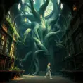 A beautiful giant tree growing in the middle of an ancient victorian library indoors. a door is embedded in the tree, 4k resolution, Hyper Detailed, Pixiv, Trending on Artstation, Vintage Illustration, Hearthstone, Unreal Engine, Volumetric Lighting, Concept Art, Digital Art, Fantasy by Stanley Artgerm Lau, Angela Barrett, WLOP