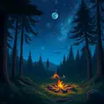 matte painting of a camp fire in the forest at night, Highly Detailed, Beautiful, Digital Painting, Anime, Fantasy by Studio Ghibli