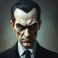 Gomez Addams, Intricate Artwork, Intricate Details, Half Body, Beautiful, Matte Painting, Sharp Focus, Portrait, Fantasy, Threatening by Stefan Kostic