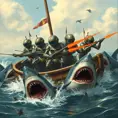 Six robots on a boat with harpoons, battling sharks with lasers strapped to their heads, Highly Detailed, Steampunk by Stanley Artgerm Lau