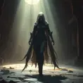 Full body portrait of a beautiful veiled armed female wraith in a dungeon, Gothic and Fantasy, Volumetric Lighting, Fantasy, Threatening by Greg Rutkowski